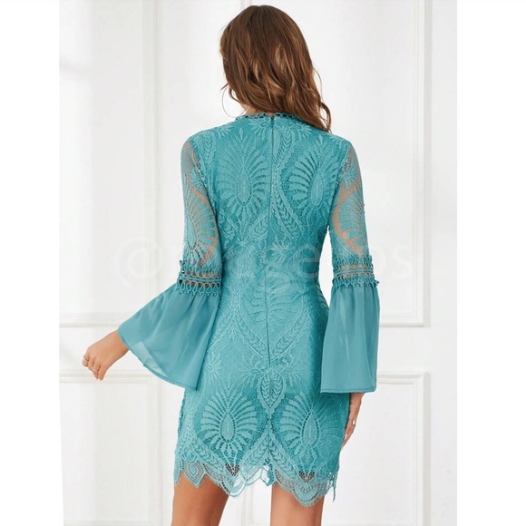 Turquoise  Lace Detail Bell Sleeve Bohemian Mini Dress - Picture 6 of 10
